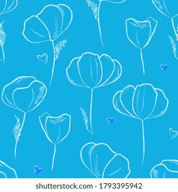 Floral seamless pattern. Red flowers poppy, tulip vector hand drawing. For packaging, fabric, wrapping, background