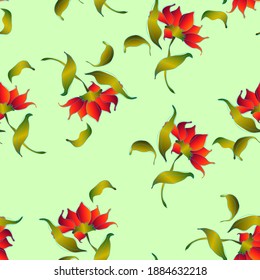 patrón floral sin costuras con flores rojas con gradientes sobre tallos verdes sobre fondo verde claro