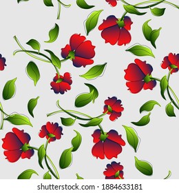 nahtloses Blumenmuster mit roten Blumen und Farbverlauf auf grünen Stielen auf grauem Hintergrund zum Druck auf Stoff, Kleid, zartes Muster