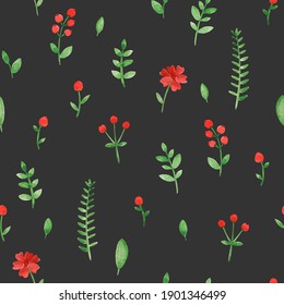 Floral seamless pattern with red flowers on a black background.