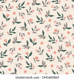 Floral seamless pattern with red flowers and grey-green leaves. Flat vector vintage background, retro print for wrapping paper, and textile design