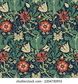 Floral seamless pattern with red flowers on dark background. Vector illustration.