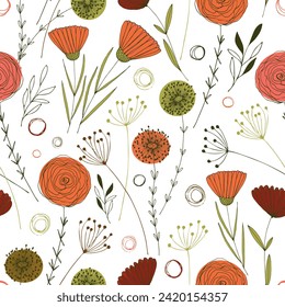 Floral seamless pattern of red flowers and umbrellas on a white background.