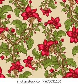 Floral seamless pattern with  red flowers.  Vector illustration  for textile, print, wallpapers, wrapping.