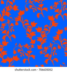 Floral seamless pattern with red flowers on blue in square format for wallpaper, background design