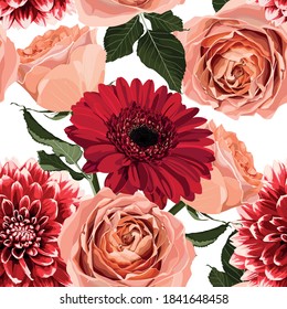 Patrón floral sin foco con gerbera roja, rosas cremosas, flores primaverales y hojas. Flores florecientes sobre fondo blanco.	
