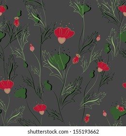 Floral seamless pattern. Red and green flowers on the darkly gray background.  Vector. eps 8