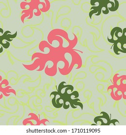 Floral seamless pattern with red, green tropical plants, on a green background from the contour of tropical leaves.Vector illustration for festive design, announcements, postcards, invitations.