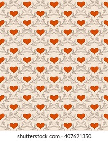Floral seamless pattern with red hearts. Vector illustration