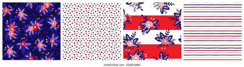 Floral Seamless Pattern In Red, Navy And White Colors With Stripes, Stars And Flowers.