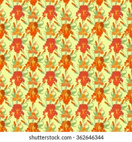 Floral seamless pattern. Red, orange, green iris flower background. Hand drawn vector illustration of iris. Seamless pattern for printing textile, wallpaper, wrapping gift paper, texture for fabric
