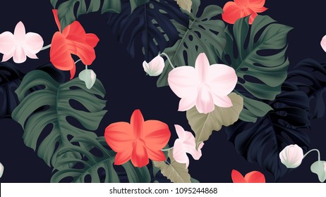 Floral seamless pattern, red and pink Dendrobium orchid flowers and green split-leaf Philodendron plant on dark blue background, pastel vintage theme
