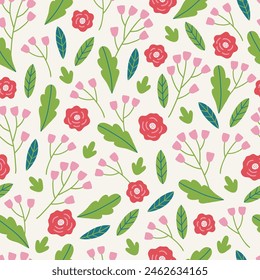Floral seamless pattern with red and pink flowers and leaves on white background. Perfect for summer greetings, wallpaper, wrapping paper, fabric. Vector illustration