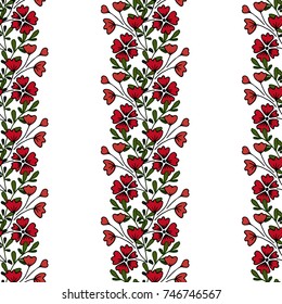 Floral seamless pattern. Red and pink inflorescences. Sprigs of flowers. Stripes of flowers on a white background