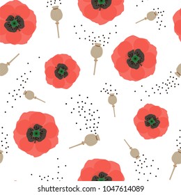 Floral seamless pattern with red poppies and seeds. Vector.	