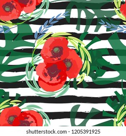 Floral seamless pattern. red 
poppies and different leaves on striped background. vector illustration