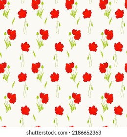Floral seamless pattern. Red poppies with buds and leaves on white background. Vector illustration. Botanical pattern with poppy flowers for decor, design, packaging, wallpaper, textile and print