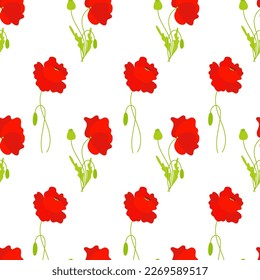 Floral seamless pattern with Red poppies on white background. Vector illustration. Botanical pattern with poppy flowers for decor, design, packaging, wallpaper, textile and print