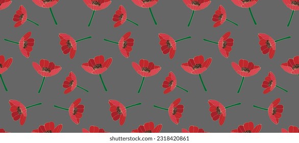 Floral seamless pattern with red poppies on a gray background. Pattern for textiles, wrapping paper, covers, decor, wallpapers, item designs. Floral print