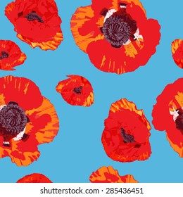 Floral seamless pattern with red poppies over a blue summer background