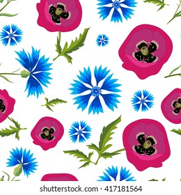 Floral seamless pattern with red poppies and blue cornflowers on a white background.Summer vector illustration. Can be used for textile,fabric,wrapping paper.