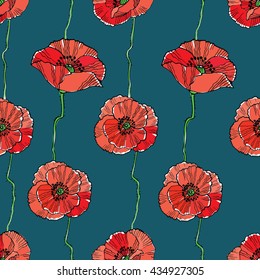 floral seamless pattern with red poppies on dark background