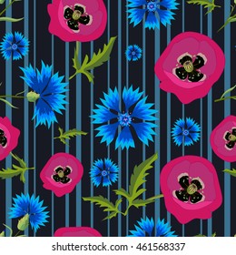 Floral seamless pattern with red poppies and blue cornflowers.Bright flowers on a dark striped background.Summer vector illustration. Can be used for textile,fabric,wrapping paper.