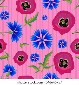 Floral seamless pattern with red poppies and blue cornflowers.Bright flowers on a pink striped background.Summer vector illustration. Can be used for textile,fabric,wrapping paper.