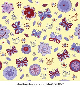 Floral seamless pattern with red and purple flowers and butterflies on yellow background