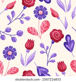 Floral seamless pattern in red and purple tones on a beige background. Tulip, rose and cornflower. Vector illustration.