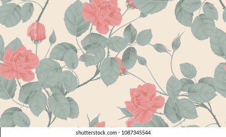 Floral seamless pattern, red rose flowers and leaves on light orange background, pastel vintage theme