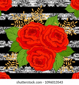 Floral seamless pattern with red roses, black background, stripes, grunge, vector illustration, hand drawn elements