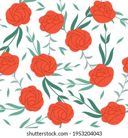 Nahtloses Muster ohne Blumen. Rose und grüne Pflanzen auf weißem Hintergrund.