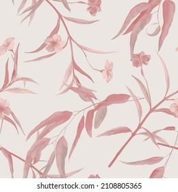 Floral seamless pattern, red ruellia tuberosa flowers and eucalyptus on brown