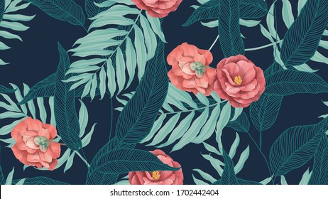 Floral seamless pattern, red Semi-double Camellia flowers with various leaves on dark blue