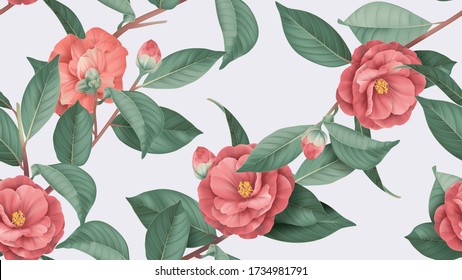 Floral seamless pattern, red Semi-double Camellia flowers with leaves on bright grey