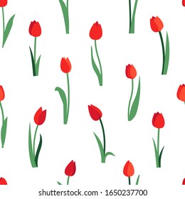 Patrón floral sin fisuras con flores de tulipán rojo y hojas verdes aisladas en fondo blanco. Textura sin fin para el diseño de primavera o verano. Impresión de tela brillante para la plantilla de tarjeta de felicitación. Día de la Mujer.