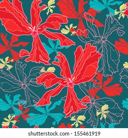 Floral seamless pattern with red tulips. Vector background with flowers. Hand drawn artwork for textiles, fabrics, souvenirs, packaging and greeting cards. 