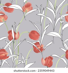 Patrón floral sin soldadura, tulipanes rojos y hojas sobre púrpura