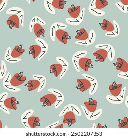 Floral seamless pattern with red tulips and leaves. Vector background, print, design