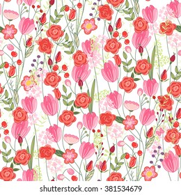 Floral seamless pattern with red tulips and roses. Endless texture for romantic  design, decoration,  greeting cards, posters,  invitations, advertisement.