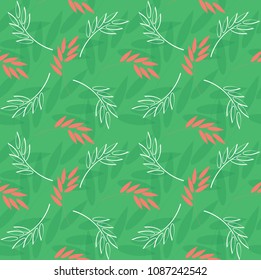 
Floral seamless pattern with red and white leaves on light green background. Leaf motifs scattered random. Good for wrapping paper, wallpaper, textile, card, web. Vector illustration.