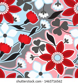 Floral, seamless pattern. Red and white flowers with gray and black leaves.