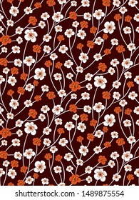 Floral seamless pattern with red and white flowers on dark Burgundy background. Tree branches with blossoms. Elegant Botanical print, Wallpaper, template for fabrics, covers,  interior...Vector.