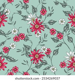 Floral seamless pattern of red and white daisies, delicate vines, and green leaves. The flowers are drawn in a detailed, vintage style and are arranged on a light blue background