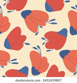 Floral seamless pattern. Red wildflowers endless background with grainy texture. Summer botanic repeat cover. Flower bud vector flat hand drawn illustration.
