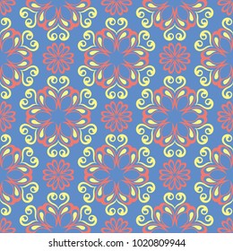 Floral seamless pattern. Red and yellow flower elements on blue background for wallpapers, textile and fabrics