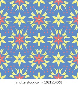 Floral seamless pattern. Red and yellow flower elements on blue background for wallpapers, textile and fabrics