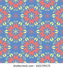 Floral seamless pattern. Red and yellow flower elements on blue background for wallpapers, textile and fabrics
