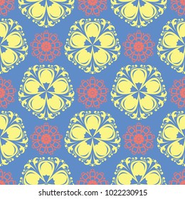 Floral seamless pattern. Red and yellow flower elements on blue background for wallpapers, textile and fabrics